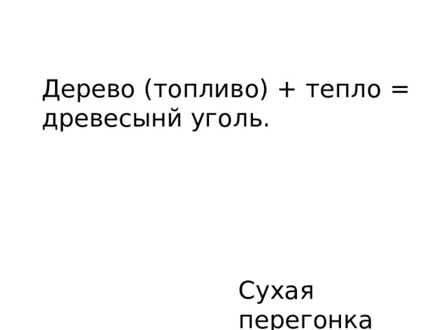 Дерево (топливо) + тепло = древесынй уголь. Сухая перегонка 