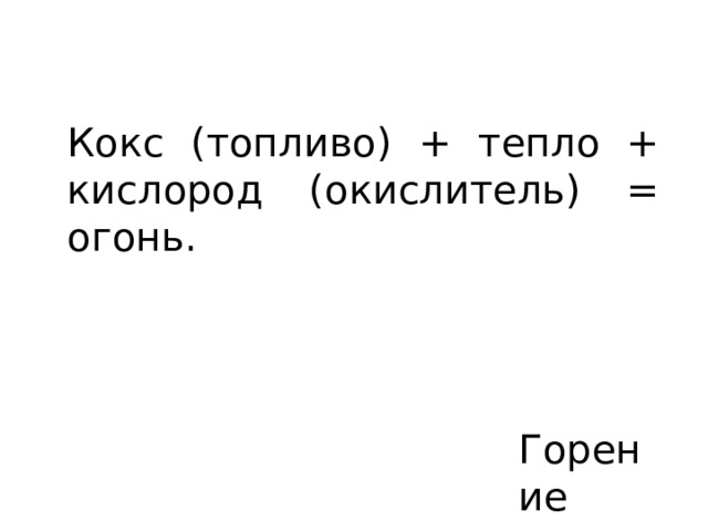 Кокс (топливо) + тепло + кислород (окислитель) = огонь. Горение 