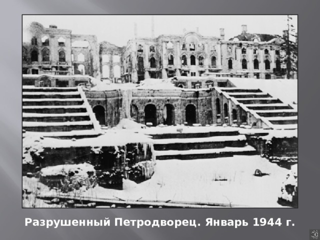 Разрушенный Петродворец. Январь 1944 г. 