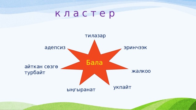  к л а с т е р тилазар Бала эринчээк адепсиз айткан сөзгө турбайт жалкоо укпайт ыңгыранат 