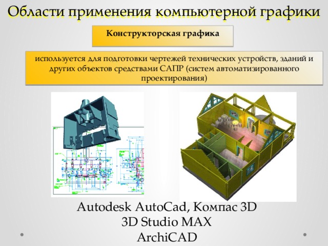 Области применения компьютерной графики Конструкторская графика используется для подготовки чертежей технических устройств, зданий и других объектов средствами САПР (систем автоматизированного проектирования) Autodesk AutoCad, Компас 3D 3D Studio MAX ArchiCAD 