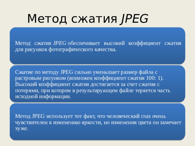 Метод сжатия  JPEG       Метод сжатия  JPEG  обеспечивает высокий коэффициент сжатия для рисунков фотографического качества. Сжатие по методу JPEG сильно уменьшает размер файла с растровым рисунком (возможен коэффициент сжатия 100: 1). Высокий коэффициент сжатия достигается за счет сжатия с потерями, при котором в результирующем файле теряется часть исходной информации. Метод JPEG использует тот факт, что человеческий глаз очень чувствителен к изменению яркости, но изменения цвета он замечает хуже. 