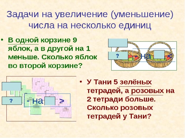 Задачи на увеличение числа на несколько единиц с двумя множествами предметов 1 класс презентация