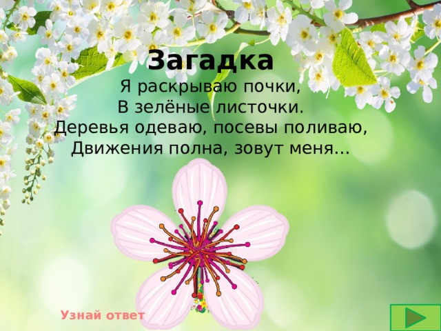 Загадка Я раскрываю почки, В зелёные листочки. Деревья одеваю, посевы поливаю, Движения полна, зовут меня… Узнай ответ 
