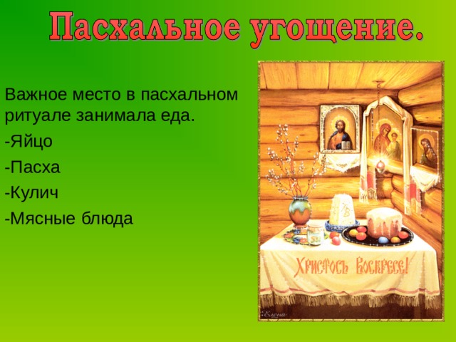 Важное место в пасхальном ритуале занимала еда. -Яйцо -Пасха -Кулич -Мясные блюда 