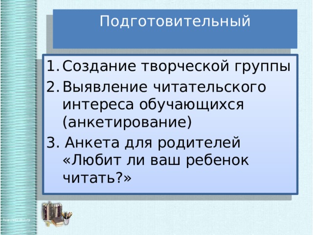 Подготовительный   Создание творческой группы Выявление читательского интереса обучающихся (анкетирование) 3. Анкета для родителей «Любит ли ваш ребенок читать?» 