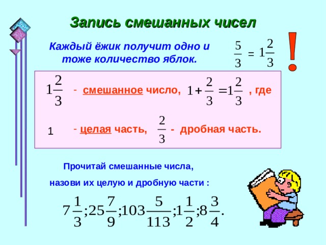 Запись смешанных чисел Каждый ёжик получит одно и тоже количество яблок. =  смешанное число, , где   целая часть, - дробная часть. 1 Прочитай смешанные числа,  назови их целую и дробную части : 