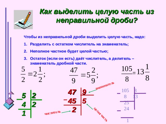 Выделение целой части из неправильной дроби