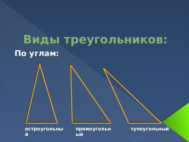 Виды треугольников: По углам: остроугольный прямоугольный тупоугольный 