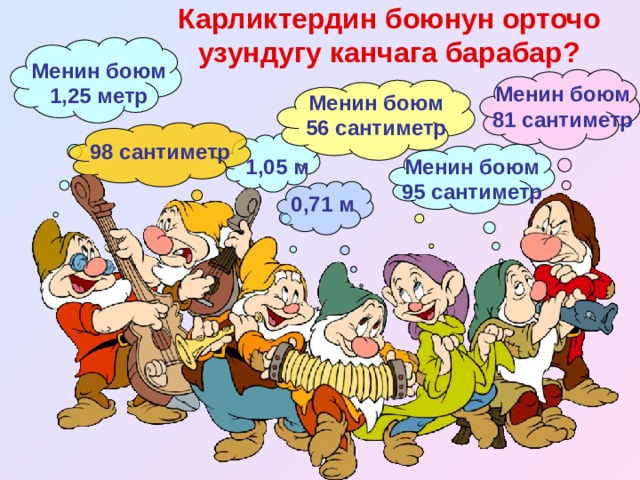 Карликтердин боюнун орточо узундугу канчага барабар? Менин боюм 1,25 метр Менин боюм 81 сантиметр Менин боюм 56 сантиметр 98 сантиметр 1,05 м Менин боюм 95 сантиметр 0,71 м 