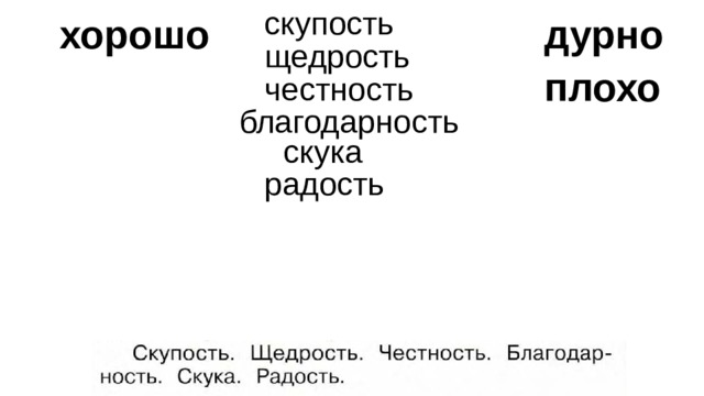 скупость хорошо дурно щедрость плохо честность благодарность скука радость 