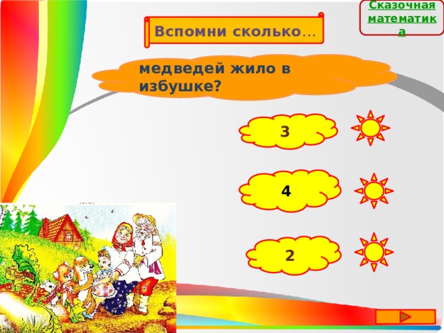 Сказочная  математика Вспомни сколько … медведей жило в избушке? 3 4 2 