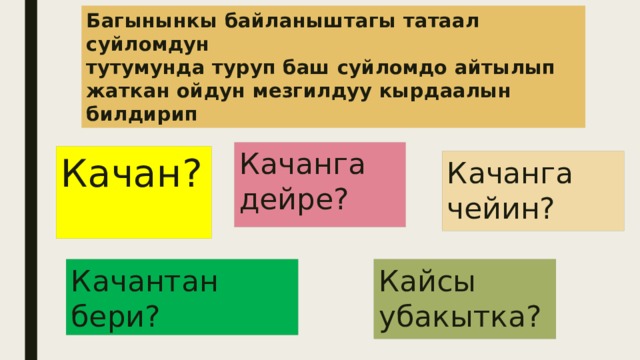 Багынынкы байланыштагы татаал суйломдун  тутумунда туруп баш суйломдо айтылып жаткан ойдун мезгилдуу кырдаалын билдирип Качанга дейре? Качан? Качанга чейин? Качантан бери? Кайсы убакытка? 
