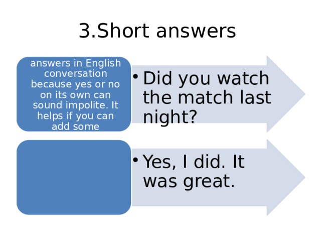 3.Short answers Did you watch the match last night? Did you watch the match last night? 1. we use short answers in English conversation because yes or no on its own can sound impolite. It helps if you can add some information. Yes, I did. It was great. Yes, I did. It was great. 