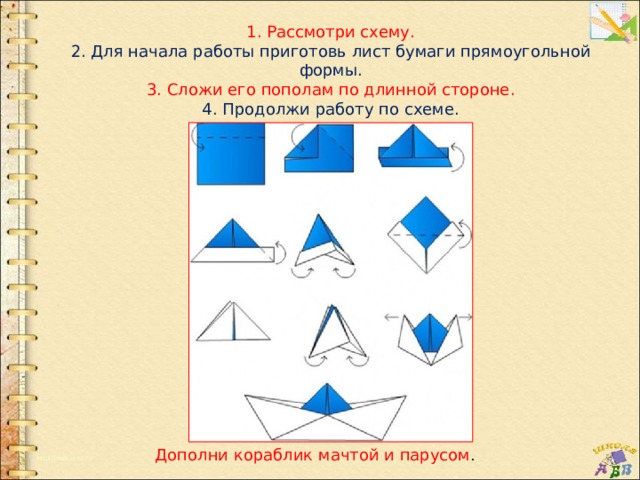   1. Рассмотри схему.  2. Для начала работы приготовь лист бумаги прямоугольной формы.  3. Сложи его пополам по длинной стороне.  4. Продолжи работу по схеме.    Дополни кораблик мачтой и парусом . 