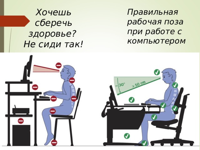 Правильная рабочая поза при работе с компьютером Хочешь сберечь здоровье? Не сиди так! 
