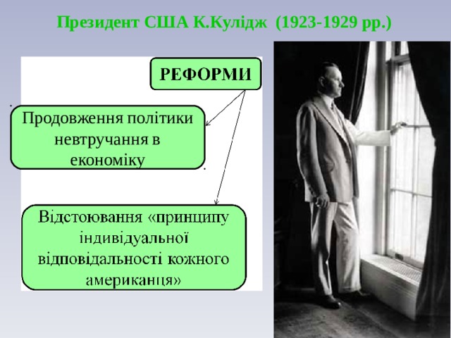 Президент США К.Кулідж (1923-1929 рр.) Продовження політики невтручання в економіку 