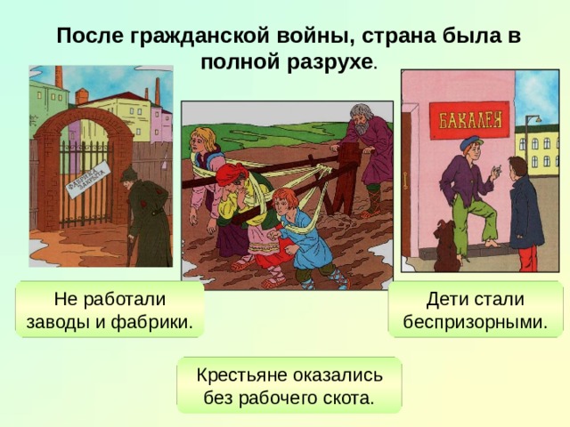 После гражданской войны, страна была в полной разрухе . Не работали заводы и фабрики. Дети стали беспризорными. Крестьяне оказались без рабочего скота. 