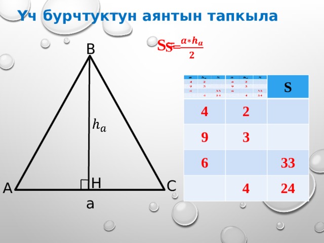 Үч бурчтуктун аянтын тапкыла S=   В 4 4 9 2 S 9 2 S 3 3 6 6 4 4 33 33 24 24   Н С А a 