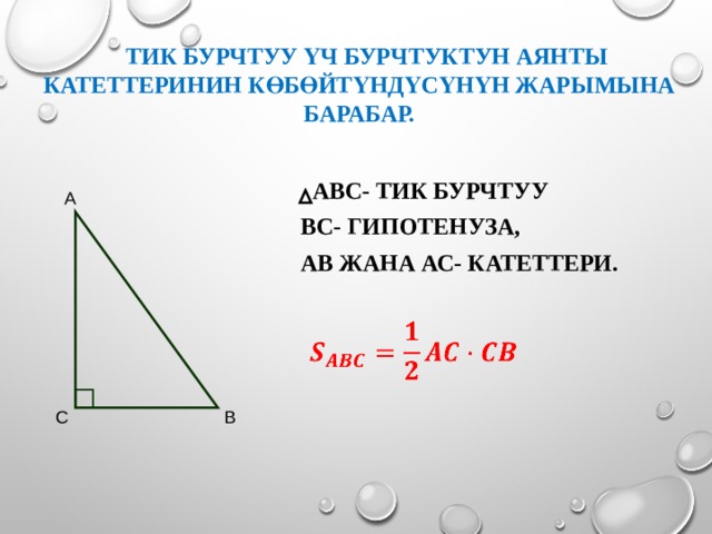 Тик бурчтуу үч бурчтуктун аянты катеттеринин көбөйтүндүсүнүн жарымына барабар.   АВС- тик бурчтуу ВС- гипотенуза, АВ жана АС- катеттери. А    В С 7 