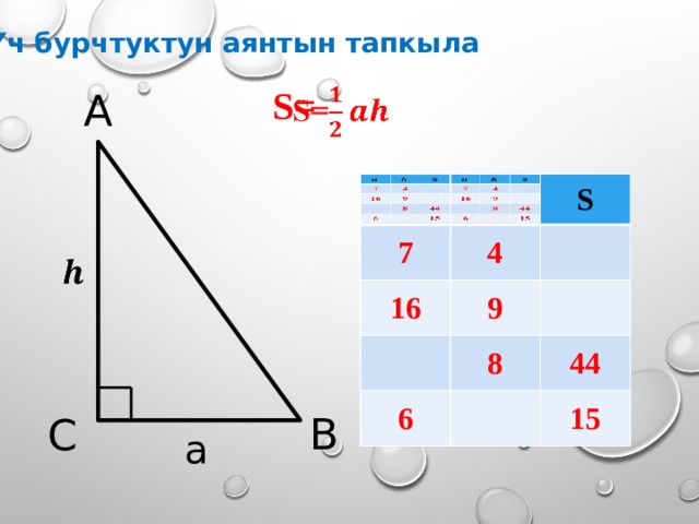 Үч бурчтуктун аянтын тапкыла   А S= 7 7 S S 4 16 16 4 9 9 8 6 8 6 44 44 15 15   B C a 