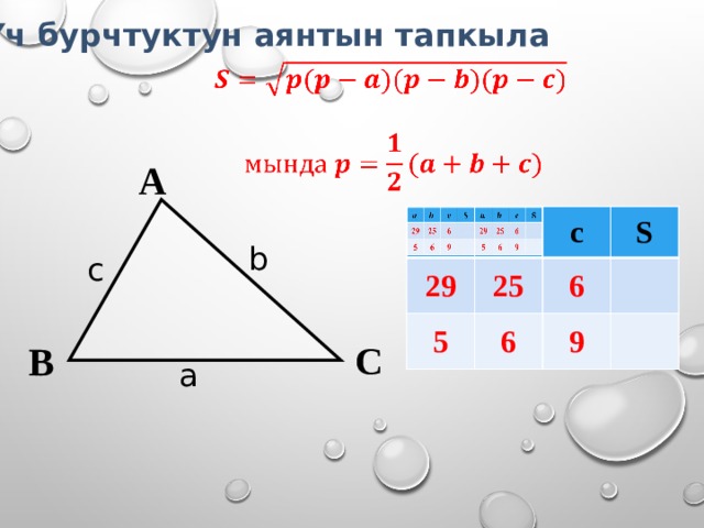Үч бурчтуктун аянтын тапкыла      A 29 29 25 25 c 5 5 c 6 S 6 S 6 6 9 9 b c С B a 