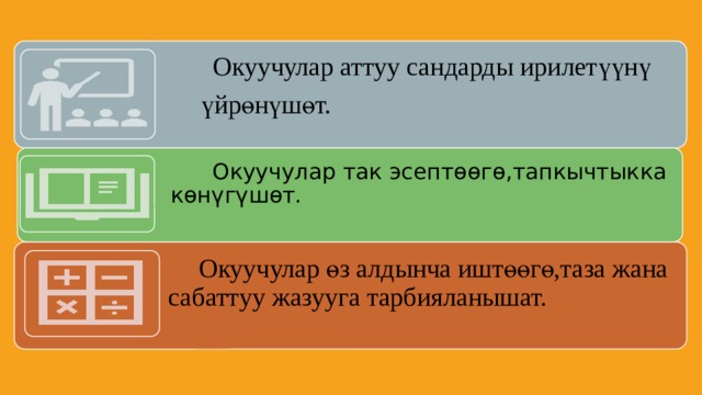  Окуучулар аттуу сандарды ирилетүүнү  үйрөнүшөт.  Окуучулар так эсептөөгө,тапкычтыкка көнүгүшөт.  Окуучулар өз алдынча иштөөгө,таза жана сабаттуу жазууга тарбияланышат. 