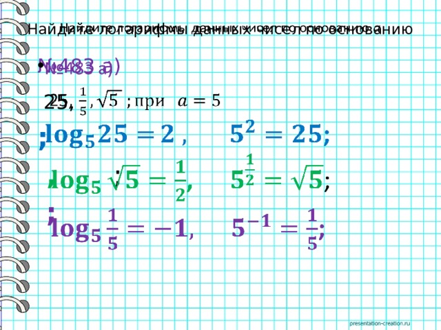 Найдите логарифмы данных чисел по основанию   № 483 а)    25,  ;  , ;  ; 