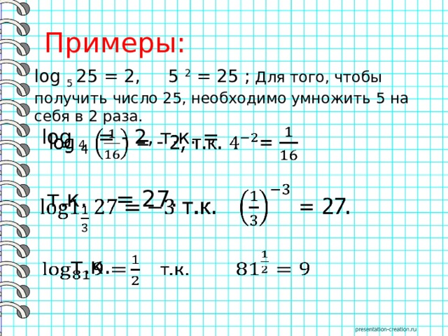  Примеры: log 5 25 = 2, 5 2 = 25 ; Для того, чтобы получить число 25, необходимо умножить 5 на себя в 2 раза. log 4 = - 2, т.к. =    т.к. = 27.    т.к.   