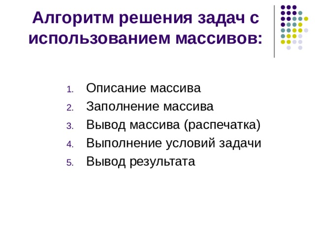 Алгоритм решения задач с использованием массивов: Описание массива Заполнение массива Вывод массива (распечатка) Выполнение условий задачи Вывод результата 