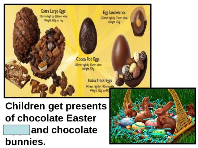 Children get presents of chocolate Easter eggs and chocolate bunnies. 