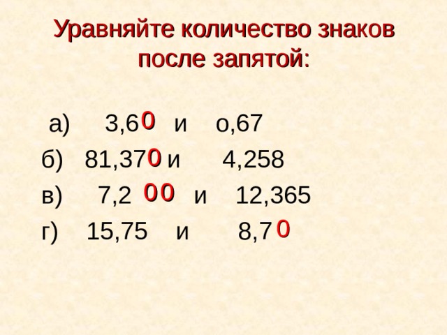 Уравняйте количество знаков после запятой: 0  а) 3,6 и о,67  б) 81,37 и 4,258  в) 7,2 и 12,365  г) 15,75 и 8,7 0 0 0 0  