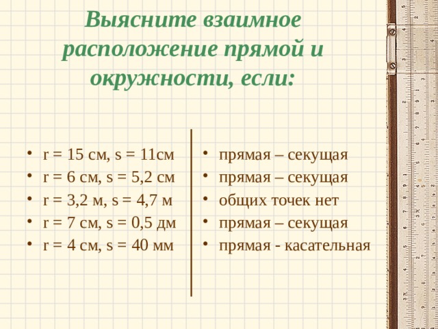 Выясните взаимное расположение прямой и окружности, если: прямая – секущая прямая – секущая общих точек нет прямая – секущая прямая - касательная r = 15 см, s = 11 см r = 6 см, s = 5 ,2 см r = 3,2 м, s = 4 ,7 м r = 7 см, s = 0,5 дм r = 4 см, s = 4 0 мм  