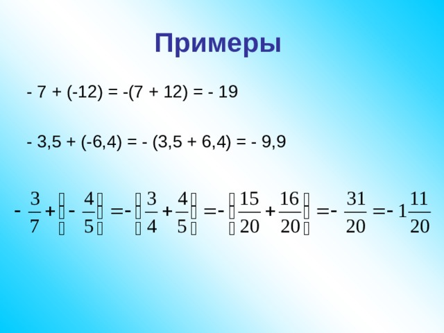 Примеры - 7 + (-12) = -(7 + 12) = - 19 - 3,5 + (-6,4) = - (3,5 + 6,4) = - 9,9 