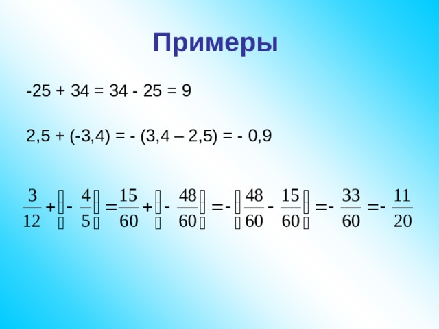 Примеры -25 + 34 = 34 - 25 = 9 2,5 + (-3,4) = - (3,4 – 2,5) = - 0,9 