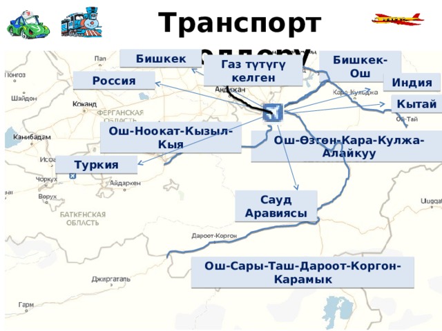 Транспорт жолдору Бишкек Бишкек-Ош Газ түтүгү келген Россия Индия Кытай Ош-Ноокат-Кызыл-Кыя Ош-Өзгөн-Кара-Кулжа-Алайкуу Туркия Сауд Аравиясы Ош-Сары-Таш-Дароот-Коргон- Карамык 