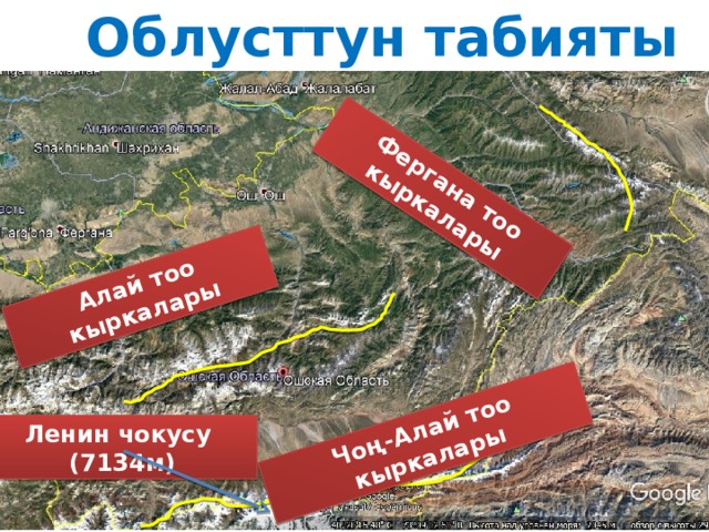 Облусттун табияты Алай тоо кыркалары Чоң-Алай тоо кыркалары Фергана тоо кыркалары Ленин чокусу (7134м) 