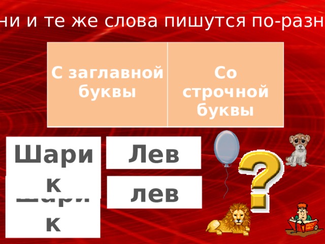 Одни и те же слова пишутся по-разному  С заглавной буквы  Со строчной буквы Лев Шарик лев шарик 