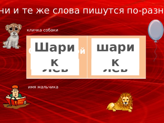 Одни и те же слова пишутся по-разному кличка собаки  С заглавной буквы  Со строчной буквы шарик Шарик лев Лев имя мальчика 