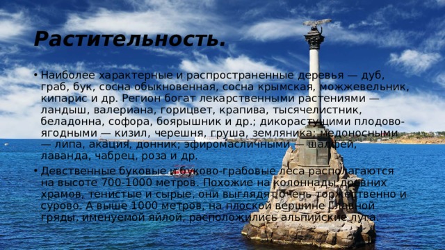 Растительность. Наиболее характерные и распространенные деревья — дуб, граб, бук, сосна обыкновенная, сосна крымская, можжевельник, кипарис и др. Регион богат лекарственными растениями — ландыш, валериана, горицвет, крапива, тысячелистник, беладонна, софора, боярышник и др.; дикорастущими плодово-ягодными — кизил, черешня, груша, земляника; медоносными — липа, акация, донник; эфиромасличными — шалфей, лаванда, чабрец, роза и др. Девственные буковые и буково-грабовые леса располагаются на высоте 700-1000 метров. Похожие на колоннады древних храмов, тенистые и сырые, они выглядят очень торжественно и сурово. А выше 1000 метров, на плоской вершине Главной гряды, именуемой яйлой, расположились альпийские луга. 