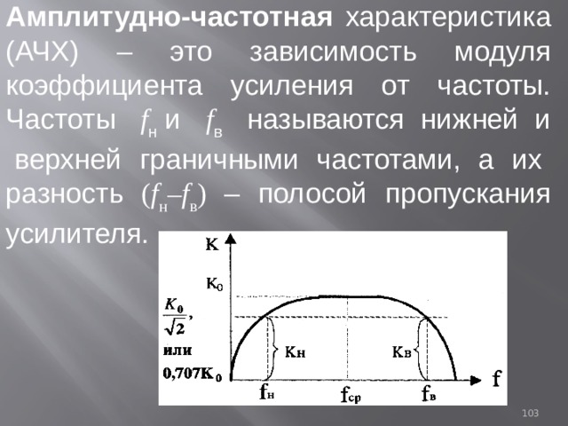 Амплитудно-частотная характеристика (АЧХ) – это зависимость модуля коэффициента усиления от частоты. Частоты f н и f в  называются нижней и верхней граничными частотами, а их разность ( f н –f в ) – полосой пропускания усилителя. 93 