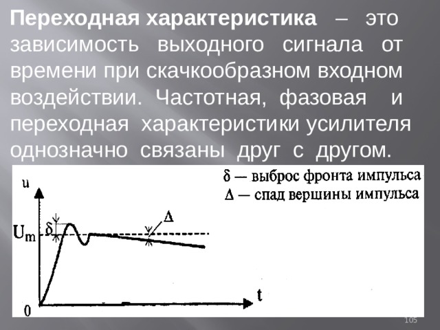 Переходная характеристика – это зависимость выходного сигнала от времени при скачкообразном входном воздействии. Частотная, фазовая и переходная характеристики усилителя однозначно связаны друг с другом. 93 