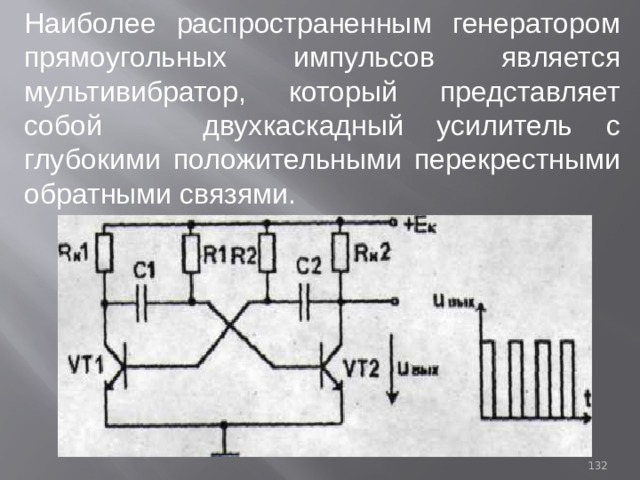 Наиболее распространенным генератором прямоугольных импульсов является мультивибратор, который представляет собой двухкаскадный усилитель с глубокими положительными перекрестными обратными связями. 93 