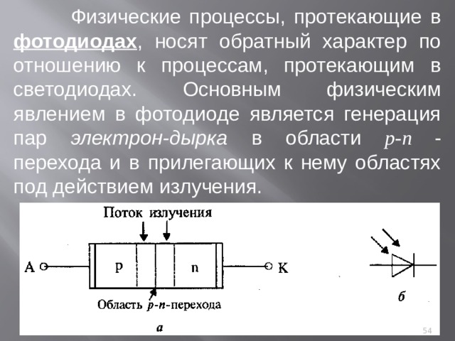  Физические процессы, протекающие в фотодиодах , носят обратный характер по отношению к процессам, протекающим в светодиодах. Основным физическим явлением в фотодиоде является генерация пар электрон-дырка в области p-n - перехода и в прилегающих к нему областях под действием излучения.  