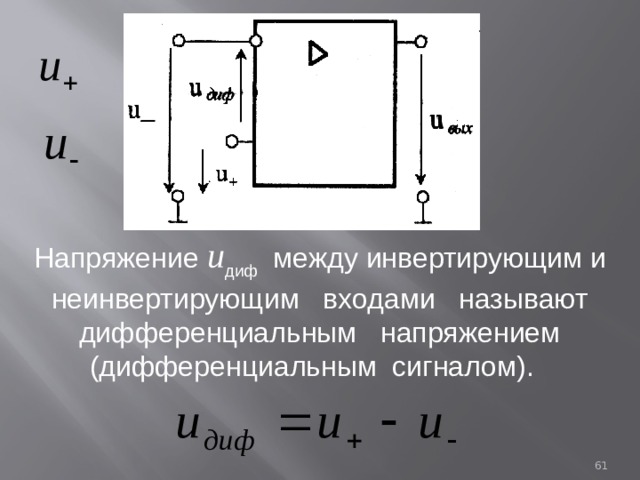 . Напряжение u диф между инвертирующим и неинвертирующим входами называют дифференциальным напряжением (дифференциальным сигналом).  