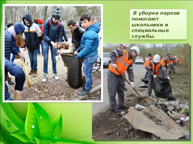  В уборке парков помогают школьники и специальные службы. 