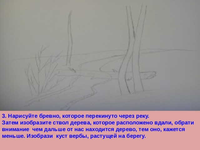 3. Нарисуйте бревно, которое перекинуто через реку. Затем изобразите ствол дерева, которое расположено вдали, обрати внимание чем дальше от нас находится дерево, тем оно, кажется меньше. Изобрази куст вербы, растущей на берегу. 