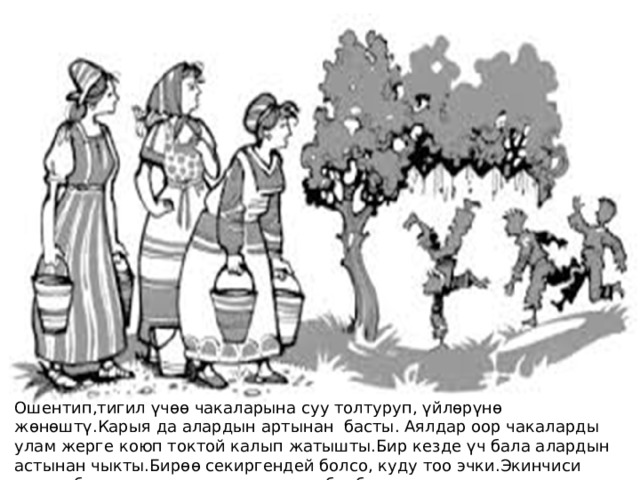Ошентип,тигил үчѳѳ чакаларына суу толтуруп, үйлѳрүнѳ жѳнѳштү.Карыя да алардын артынан басты. Аялдар оор чакаларды улам жерге коюп токтой калып жатышты.Бир кезде үч бала алардын астынан чыкты.Бирѳѳ секиргендей болсо, куду тоо эчки.Экинчиси ырдап баратат, үнү укмуш, жѳн эле булбул. 