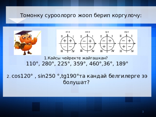 Томонку суроолорго жооп берип коргулочу: 1.Кайсы чейректе жайгашкан? 110°, 280°, 225°, 359°, 460°,36°, 189° 2. cos120° , sin250 °,tg190°та кандай белгилерге ээ болушат? 3 3 