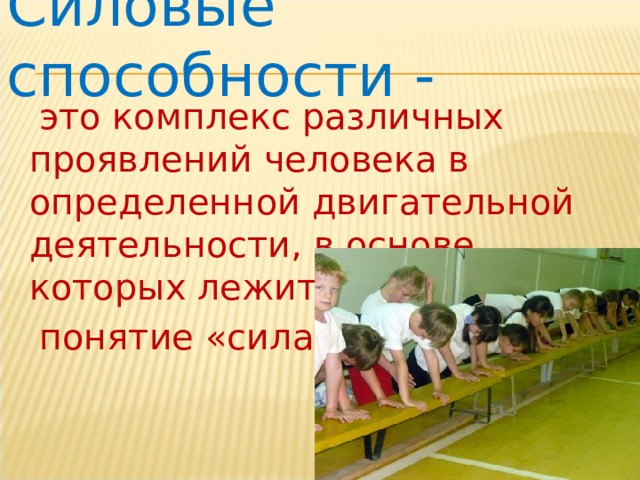 Силовые способности  -  это комплекс различных проявлений человека в определенной двигательной деятельности, в основе которых лежит  понятие «сила». Список использованной литературы: В.И.Лях; А.А.Зданевич - ФИЗИЧЕСКАЯ КУЛЬТУРА ДЛЯ 10-11 КЛАССОВ. Журналы - Физическая культура в школе.  
